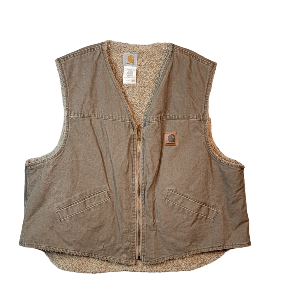 Carhartt V13 DES Sherpa Fleece Lined Canvas Workwear Tan Gray Vest Men's 2XL - Picture 1 of 10
